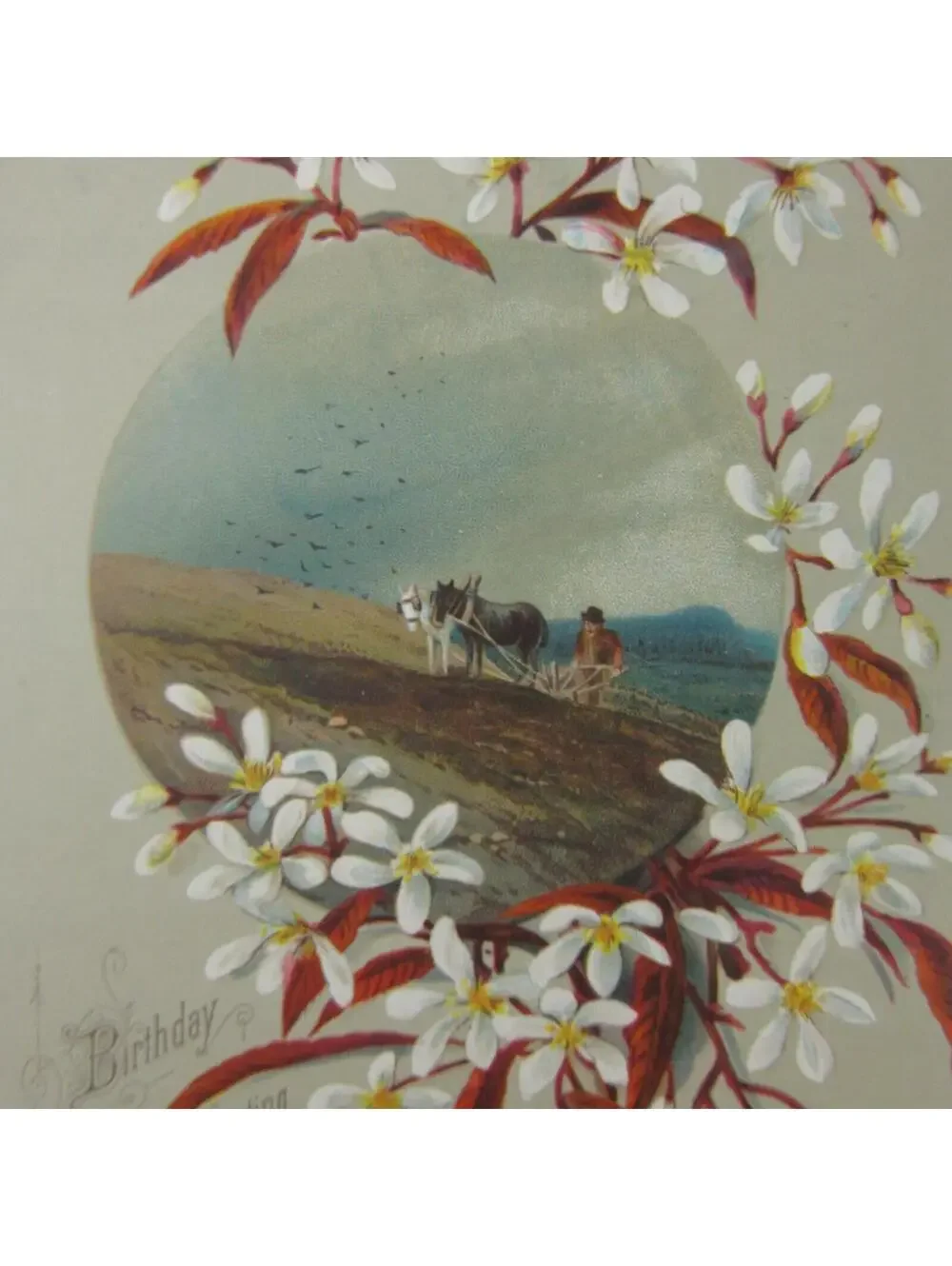 Victorian Birthday Greeting Card Farmer Plow Horses White Flower Blossom Antique